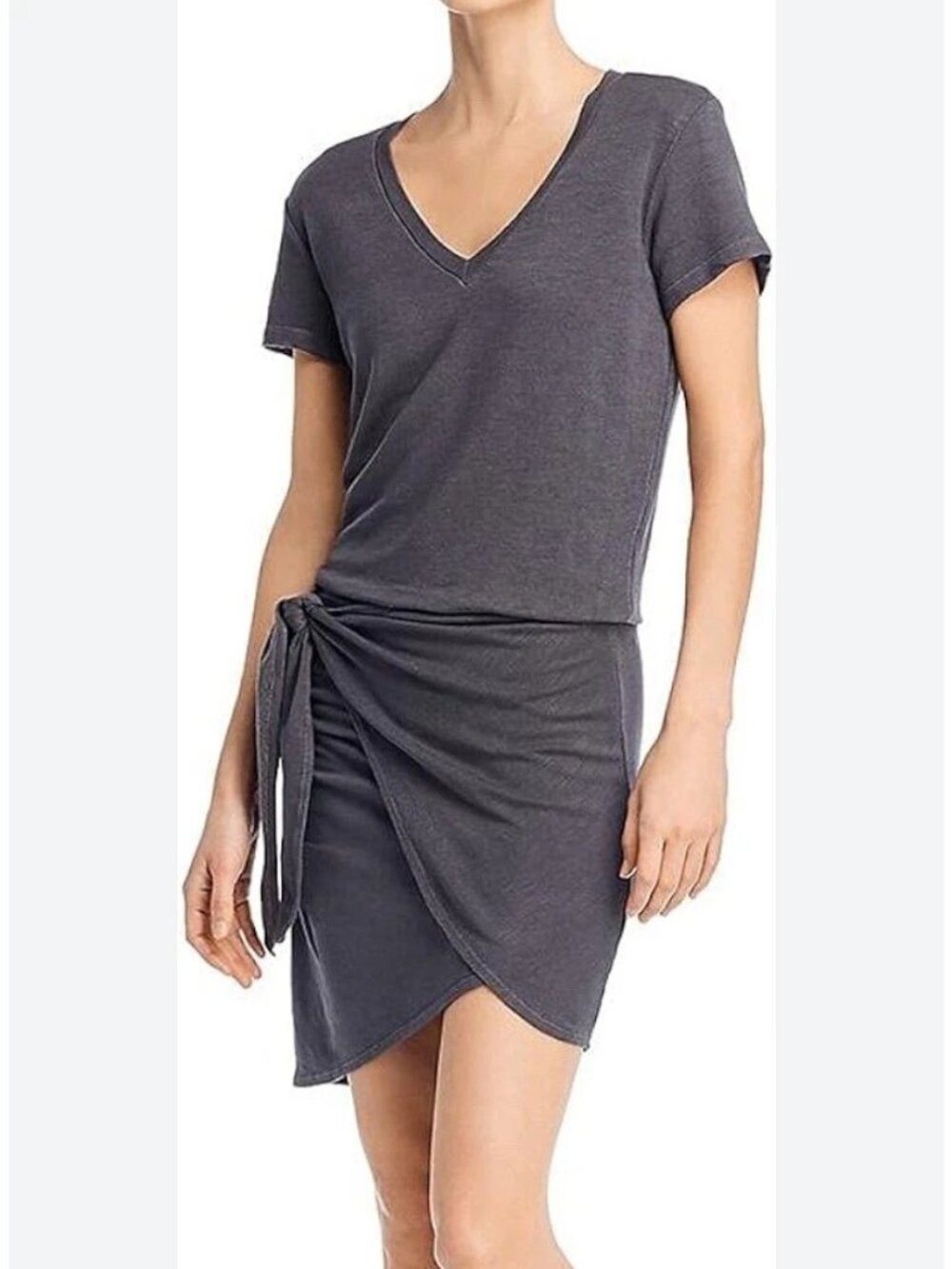 Monrow Revolve Gray V Neck Dress Sz M Short Sleeve Tie Front Casual Chic